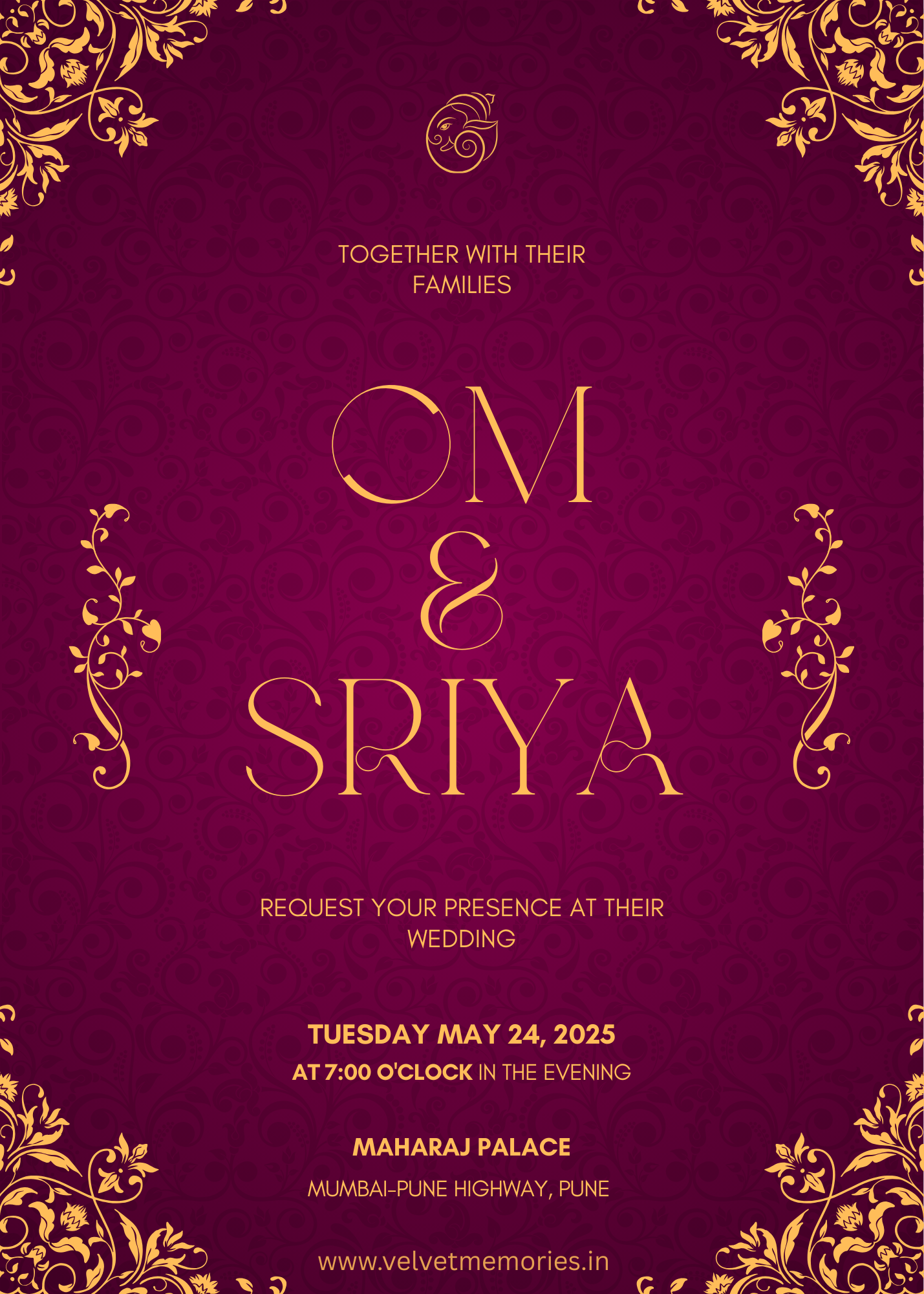 Regal Maroon Gold Floral Portrait Wedding Invitation